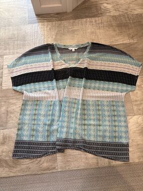 CAbi Striped V-Neck Tunic in Aqua, Black & White